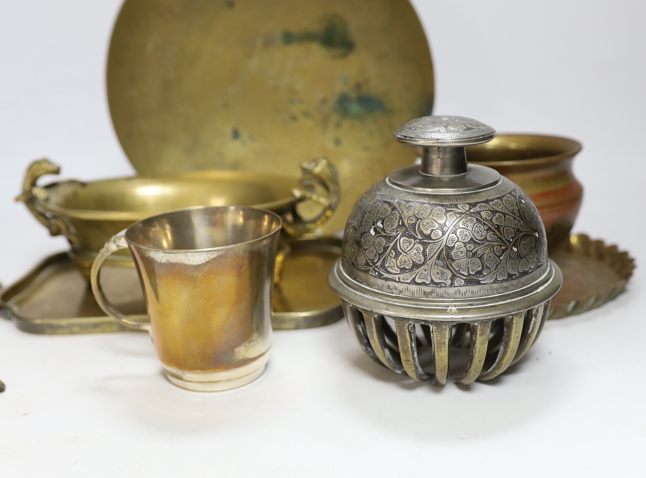 A Chinese archaistic bronze censer, Qing dynasty, a mirror and various Asian bronzes etc, censer 19cm wide
